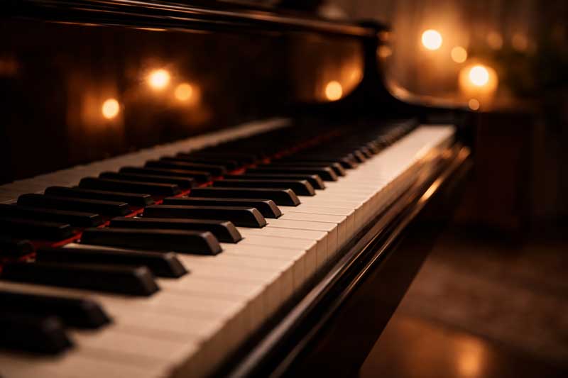 Vue rapprochée des touches d'un piano à queue dans une ambiance chaleureuse