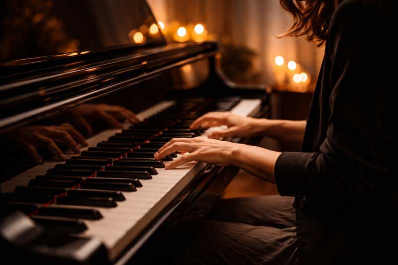 Mains d'un élève pratiquant sur un piano acoustique avec la méthode en ligne