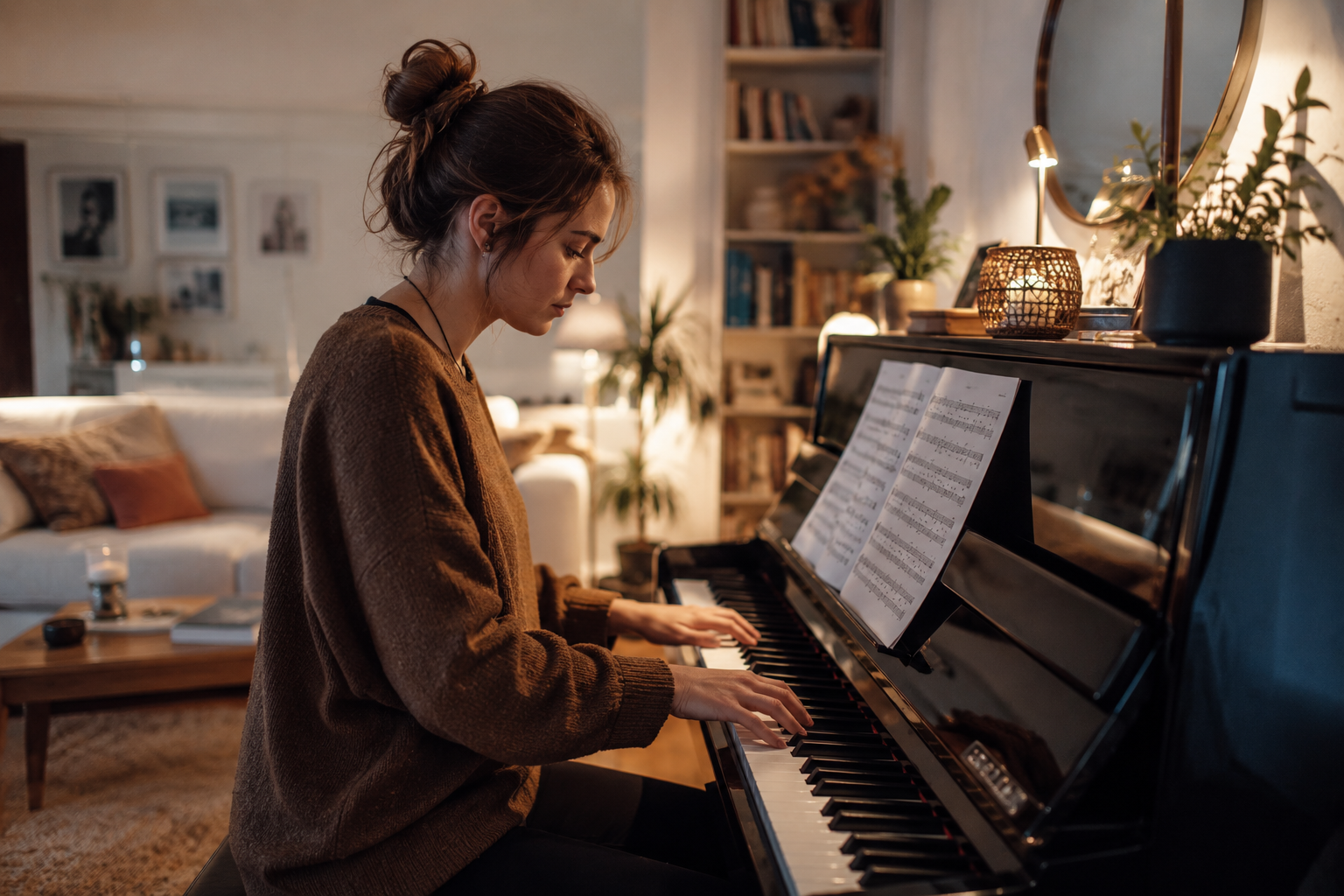 Mains de débutant jouant un morceau au piano à la maison