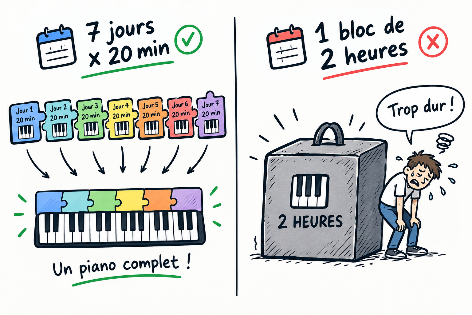 Schéma comparatif montrant l'efficacité de la pratique quotidienne du piano de 20 minutes face à une séance intensive de 2 heures.