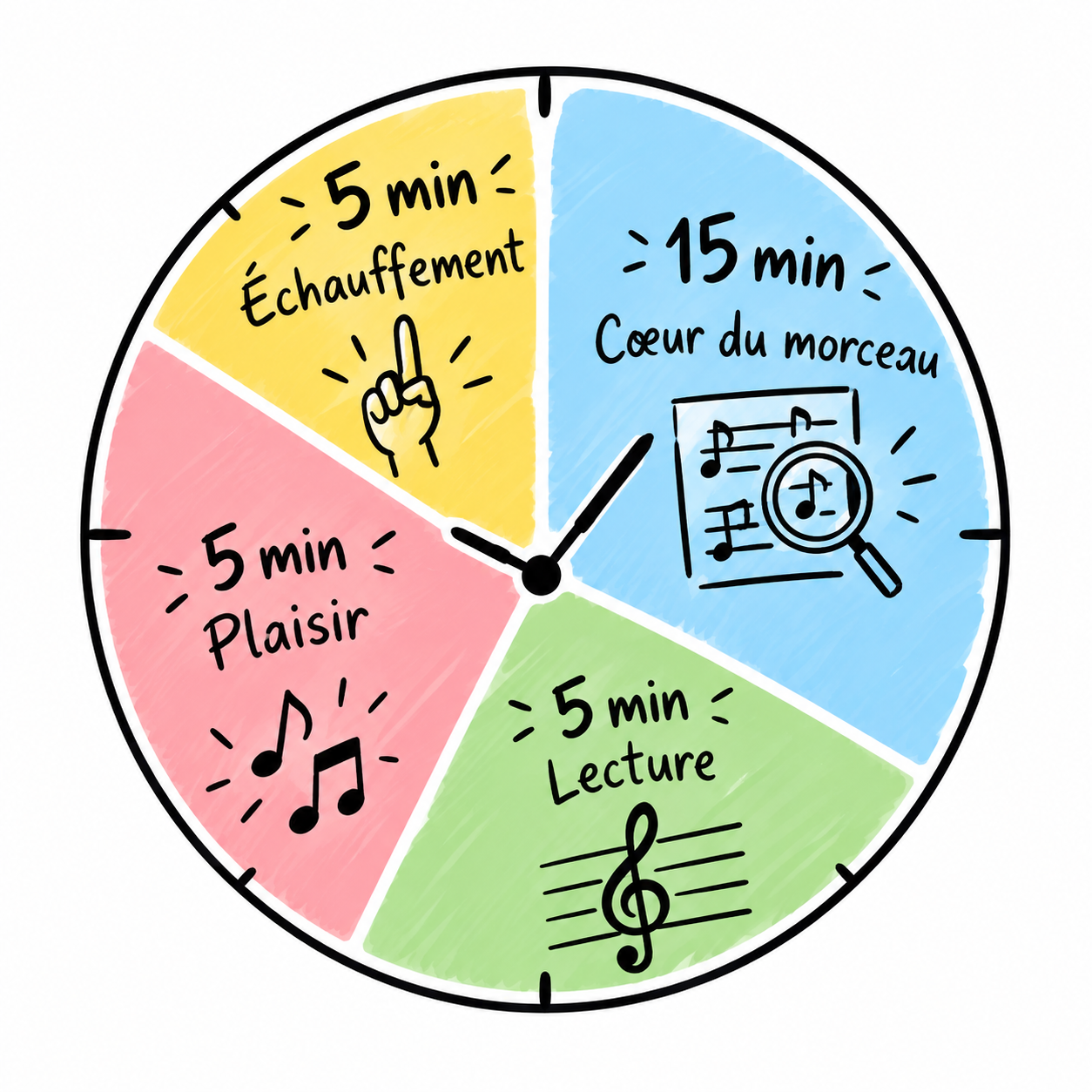 Infographie au tableau blanc détaillant la répartition idéale d'une routine de piano de 30 minutes.