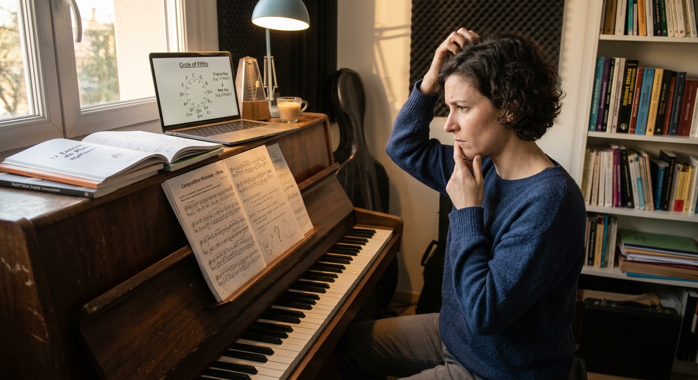 Lecture d'une partition de piano de niveau intermédiaire avec accords et nuances
