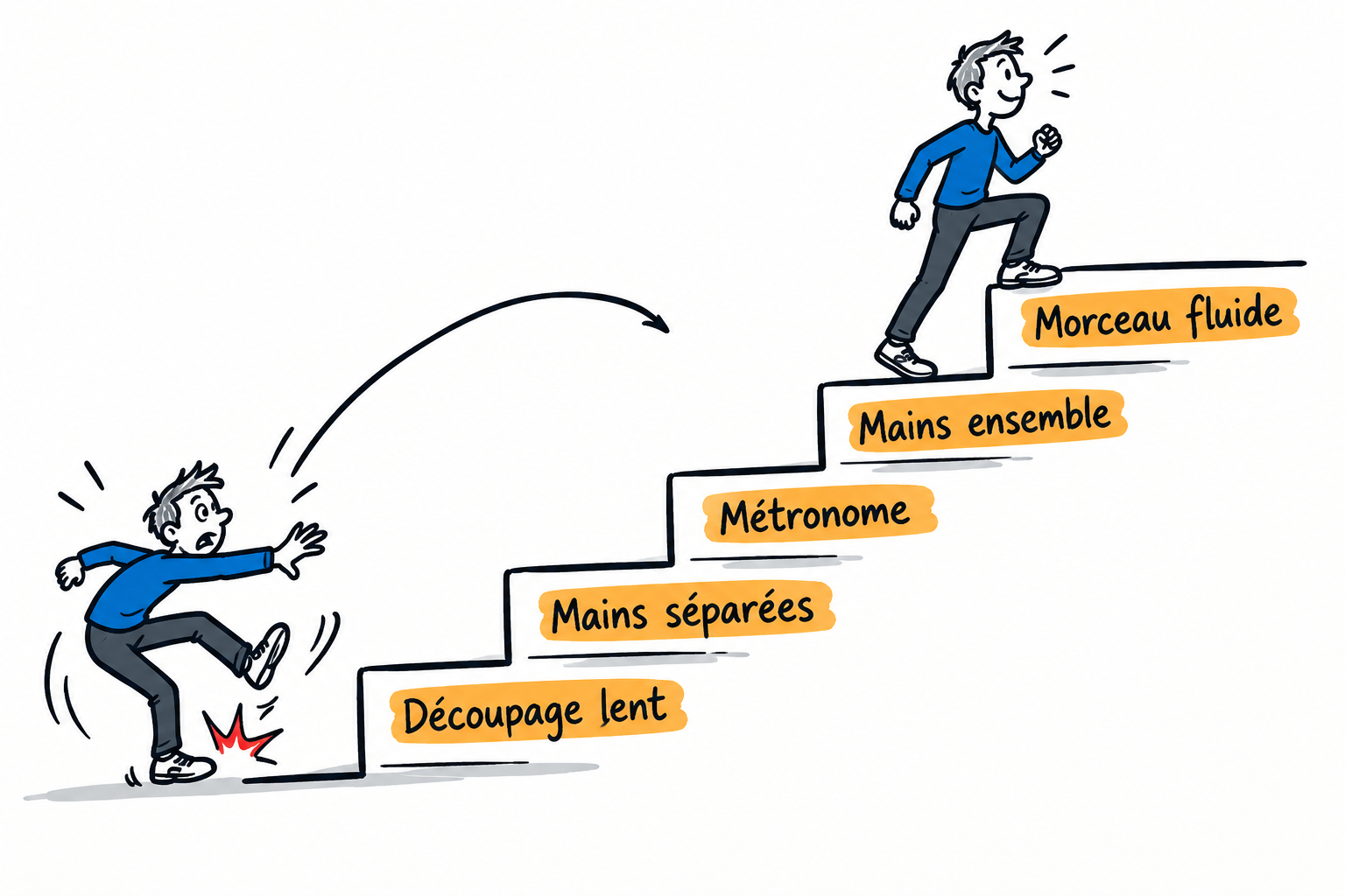 Dessin de la méthode pas à pas pour apprendre un morceau de piano facilement à la maison