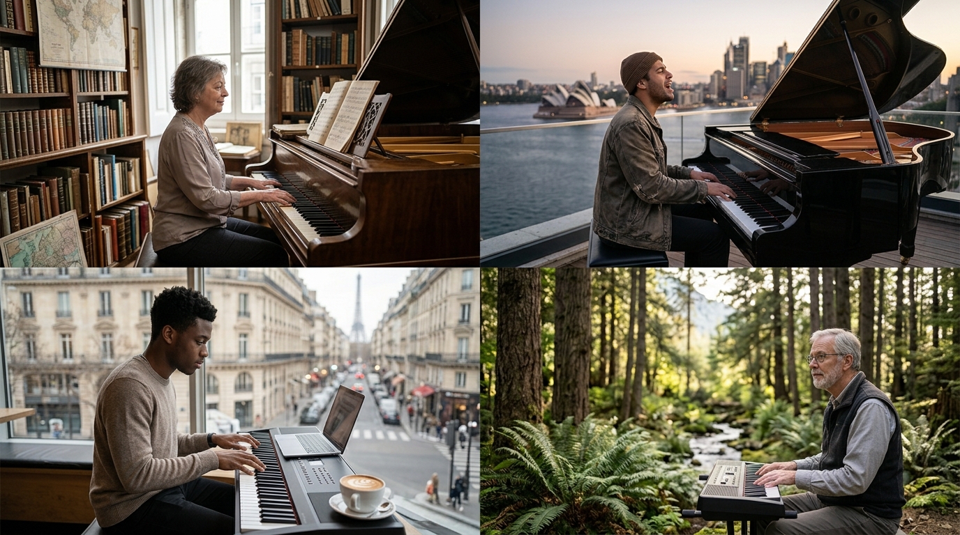 Mains d'un pianiste jouant une grille d'accords et d'arpèges pour accompagner de la musique de variété