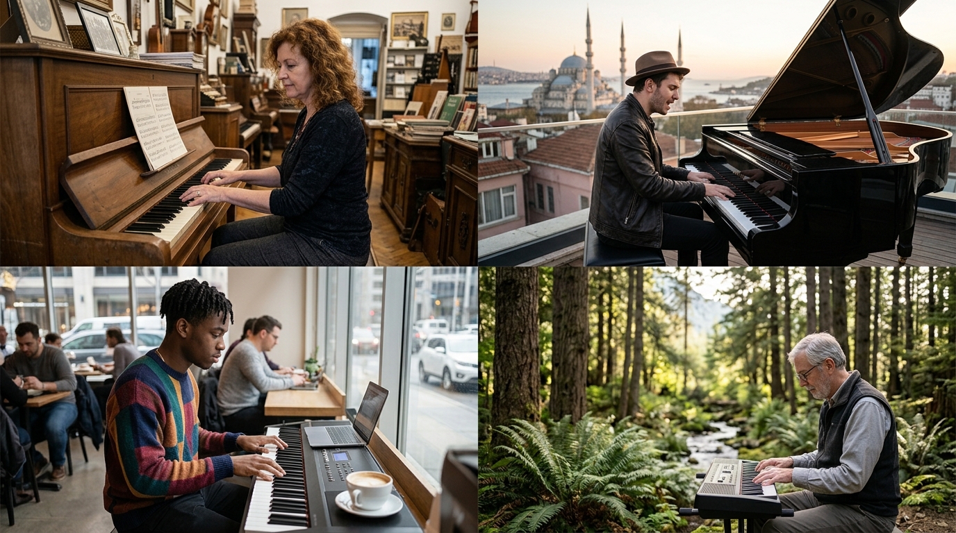Pianiste travaillant l'indépendance des mains sur un clavier de piano